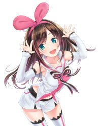 Rule 34 | 1girl, :d, absurdres, ainili, blue eyes, breasts, brown hair, collarbone, detached sleeves, floating hair, hairband, highres, kizuna ai, kizuna ai inc., leaning forward, long hair, looking at viewer, medium breasts, midriff, navel, open mouth, pink hairband, short shorts, shorts, simple background, smile, solo, standing, stomach, thighhighs, very long hair, virtual youtuber, white background, white shorts, white thighhighs