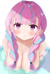 Rule 34 | 1girl, absurdres, ahoge, blue hair, blunt bangs, blush, braid, breasts, cleavage, collarbone, colored inner hair, completely nude, floating breasts, from above, highres, hololive, large breasts, long hair, looking at viewer, looking up, minato aqua, multicolored hair, nude, partially submerged, pink eyes, pink hair, sidelocks, solo, steam, streaked hair, twin braids, twintails, two-tone hair, upper body, virtual youtuber, water, yugu lemon