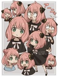 Rule 34 | 1girl, :&lt;, ahoge, anya&#039;s heh face (meme), anya (spy x family), black dress, black footwear, blush, closed mouth, commentary request, crying, dress, eyelashes, green eyes, horn ornament, horns, long sleeves, looking at viewer, medium hair, meme, multiple views, open mouth, outstretched arms, pink hair, ribbon, smile, socks, spy x family, surprised, tamakibi, tears, white legwear, white ribbon, wide-eyed