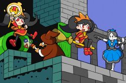 Rule 34 | 2girls, :&lt;, alternate costume, ashley (warioware), black eyes, black hair, broom, colored skin, crossover, crown, dress, hat, magikoopa, mario (series), multiple girls, nintendo, open mouth, ponytail, red eyes, shenanimation, smile, staff, super mario bros. 1, super mario maker, twintails, wand, warioware, white skin, wii fit, wii fit trainer, wii fit trainer (female), witch