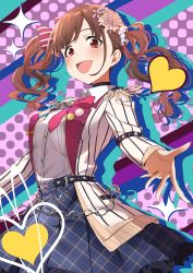Rule 34 | 1girl, :d, belt, bow, brown hair, chain, commentary request, epaulettes, flower, hair bow, hair flower, hair ornament, hair scrunchie, heart, highres, idolmaster, idolmaster shiny colors, jacket, kagari liroi, long hair, looking at viewer, open mouth, outstretched arms, plaid, plaid skirt, polka dot, polka dot background, reaching, reaching towards viewer, red eyes, scrunchie, skirt, smile, solo, sonoda chiyoko, spread arms, striped clothes, striped jacket, twintails, vertical-striped clothes, vertical-striped jacket, white jacket