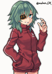 Rule 34 | 1girl, clothes writing, eyepatch, green eyes, green hair, hand on own hip, highres, jacket, kantai collection, kiso (kancolle), kiso kai ni (kancolle), maakun (makun dx), official alternate costume, red jacket, short hair, simple background, solo, track jacket, white background