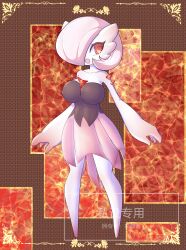 Rule 34 | 1girl, absurdres, alternate color, alternate shiny pokemon, bare shoulders, barefoot, black shirt, bob cut, breasts, chinese text, collarbone, colored skin, covered erect nipples, covered navel, creatures (company), female focus, full body, game freak, gardevoir, gem, gen 3 pokemon, hair over one eye, happy, highres, legs, looking at viewer, medium breasts, miniskirt, nintendo, one eye covered, open mouth, pink hair, pink skirt, pokemon, pokemon (creature), red background, red eyes, red gemstone, shirt, short hair, skirt, smile, solo, sparkle, standing, strapless, strapless shirt, translation request, watermark, white skin, yesheng miao miao jiang