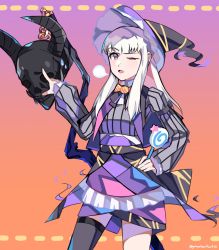 Rule 34 | 1girl, candy, death knight (fire emblem), fire emblem, fire emblem: three houses, food, gradient background, graysheartart, halloween costume, hat, helmet, highres, holding, holding candy, holding food, holding lollipop, lollipop, long hair, long sleeves, lysithea von ordelia, nintendo, one eye closed, open mouth, pink eyes, simple background, twitter username, white hair, witch hat