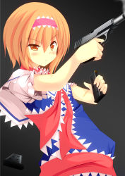 Rule 34 | 1girl, :&lt;, absurdres, alice margatroid, blue dress, blush, capelet, closed mouth, collared capelet, commentary request, cookie (touhou), dress, frilled capelet, frilled hairband, frilled neckwear, frilled sash, frilled sleeves, frills, grey background, gun, hair between eyes, hairband, highres, hinase (cookie), holding, holding gun, holding weapon, looking afar, magazine (weapon), necktie, orange eyes, orange hair, pink hairband, puffy short sleeves, puffy sleeves, red necktie, red sash, reloading, sash, short hair, short sleeves, sleeveless, sleeveless dress, smoke, smoking barrel, solo, szk, touhou, uneven eyes, upper body, weapon, white capelet
