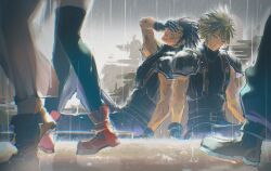 2girls 3boys aerith_gainsborough armor baggy_pants black_gloves black_hair black_thighhighs blonde_hair boots brown_footwear bruise bruise_on_face closed_eyes closed_mouth cloud_strife commentary_request dual_persona final_fantasy final_fantasy_vii final_fantasy_vii_remake from_side gloves hand_on_own_face highres injury knee_up lower_body multiple_boys multiple_girls open_mouth outdoors pants rain red_footwear short_hair shoulder_armor sitting sleeveless sleeveless_turtleneck spiked_hair suspenders sweater thighhighs tifa_lockhart turtleneck turtleneck_sweater unconscious unnik walking wet zack_fair