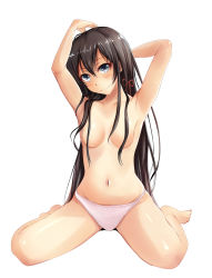 Rule 34 | 1girl, absurdres, black hair, blue eyes, blush, breasts, closed mouth, convenient censoring, hair censor, hair over breasts, highres, long hair, looking at viewer, navel, panties, pink panties, ponpon (ponpon62126), simple background, small breasts, smile, solo, topless, underwear, white background, yahari ore no seishun lovecome wa machigatteiru., yukinoshita yukino