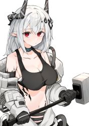 Rule 34 | 1girl, arknights, black gloves, black horns, black tank top, breasts, cleavage, collarbone, commentary request, crop top, ear piercing, gloves, hair ornament, hammer, highres, holding, holding hammer, holding weapon, horns, infection monitor (arknights), jumpsuit, large breasts, long hair, looking at viewer, material growth, midriff, mudrock (arknights), mudrock (elite ii) (arknights), navel, open jumpsuit, oripathy lesion (arknights), piercing, pointy ears, poyason, red eyes, sarashi, silver hair, simple background, sledgehammer, solo, tank top, upper body, weapon, white background, white jumpsuit