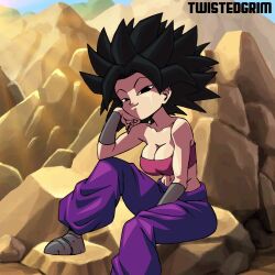 Rule 34 | 1girl, abs, animated, bare shoulders, black eyes, black hair, breasts, breasts out, caulifla, clothes pull, dragon ball, dragon ball super, flashing, highres, large breasts, looking at viewer, midriff, motion lines, open mouth, outdoors, sitting, smile, solo, strapless, tagme, toned, tube top, tube top pull, twistedgrim, video