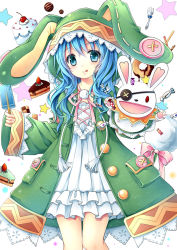 Rule 34 | 10s, 1girl, :p, animal hood, blue eyes, blue hair, rabbit hood, cake, candy, curly hair, date a live, food, fork, gyaza, hand puppet, holding, hood, long hair, looking at viewer, popsicle, puppet, smile, strawberry shortcake, stuffed animal, stuffed rabbit, stuffed toy, tongue, tongue out, yoshino (date a live), yoshinon