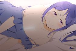 Rule 34 | 1girl, artist name, artist request, bare shoulders, bed, blue dress, blue hair, blush, bracelet, breasts, cleavage, collarbone, dress, female focus, hair between eyes, hair ornament, high ponytail, indoors, jewelry, long hair, looking at viewer, love live!, love live! school idol festival, love live! sunshine!!, lying, matsuura kanan, medium breasts, on bed, on pillow, on side, parted lips, pillow, ponytail, purple eyes, smile, solo, steaming body, upper body
