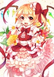 Rule 34 | 1girl, blonde hair, bow, fang, flandre scarlet, flower, frilled thighhighs, frills, hat, highres, looking at viewer, mini hat, open mouth, paragasu (parags112), puffy short sleeves, puffy sleeves, red eyes, sash, shirt, short sleeves, side ponytail, skirt, smile, solo, standing, standing on one leg, thighhighs, touhou, white thighhighs, wings, wrist cuffs, zettai ryouiki