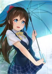 Rule 34 | 1girl, aqua eyes, aqua shirt, artist name, artist request, black skirt, black vest, blue eyes, blue skirt, blue umbrella, blush, bow, breasts, brown hair, buttons, checkered clothes, checkered skirt, cloud, collared shirt, female focus, hair between eyes, hair bow, highres, holding, holding umbrella, long hair, looking at viewer, love live!, love live! nijigasaki high school idol club, medium breasts, miniskirt, nijigasaki academy school uniform, osaka shizuku, outdoors, parted lips, plaid, plaid skirt, pleated, pleated skirt, ponytail, prbili, rain, red bow, ribbon, school uniform, shirt, short sleeves, skirt, sky, smile, solo, sweater vest, umbrella, vest, white shirt, yellow buttons, yellow neckwear, yellow ribbon