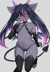 Rule 34 | 1girl, animal ears, bat wings, black hair, black panties, black thighhighs, blush, body fur, breasts, bridal gauntlets, bright pupils, commentary, demon girl, demon horns, demon tail, demon wings, eyes visible through hair, fang, furry, furry female, gluteal fold, grey background, grey fur, grey theme, groin, hair between eyes, hair intakes, heart, heart tail, heart tattoo, highres, horns, linea alba, long hair, looking at viewer, low wings, multicolored hair, navel, o-ring, open mouth, original, panties, pink hair, pink pupils, pubic tattoo, purple eyes, purple wings, saigi, simple background, small breasts, smile, solo, star-shaped pupils, star (symbol), stomach, streaked hair, symbol-shaped pupils, tail, tattoo, thighhighs, toeless legwear, toes, tongue, twintails, underwear, wings