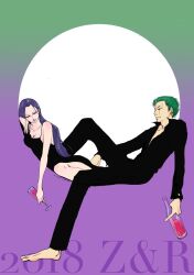 Rule 34 | 1boy, 1girl, black dress, black pants, black shirt, bottle, commentary request, cup, dress, earrings, gradient background, green background, green hair, highres, holding, holding bottle, holding cup, jewelry, long hair, looking at another, nico robin, one piece, pants, purple background, purple hair, roronoa zoro, scar, scar on face, shirt, sitting, smile, tamago (tamago009003)