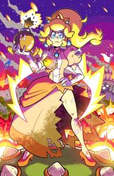 Rule 34 | 1girl, angry, artist name, blonde hair, blue eyes, bob-omb, bomb, breasts, castle, commentary, crown, dress, english commentary, explosive, fire, flag, flag pole, hand on own hip, high heels, highres, holding, holding bomb, juliet sleeves, legs, long sleeves, looking at viewer, mario (series), mike luckas, night, night sky, nintendo, pink dress, princess peach, puffy sleeves, sky, solo focus, super princess peach, torn clothes, v-shaped eyebrows, watermark