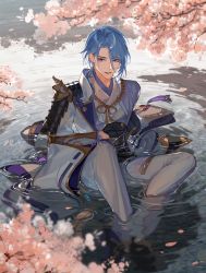 Rule 34 | 1boy, absurdres, ahoge, armor, black gloves, blue eyes, blue hair, cherry blossoms, day, donaldakron, full body, genshin impact, gloves, hair over one eye, highres, japanese armor, japanese clothes, kamisato ayato, long sleeves, male focus, mole, mole under mouth, on ground, open mouth, petals, reflection, sitting, tassel, wading, water, wet, wet clothes