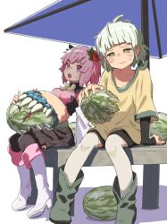 Rule 34 | 1boy, 1girl, beach umbrella, black shorts, black thighhighs, blush, boots, breasts, competition, detached sleeves, eating contest, flower, food, fruit, full body, green footwear, hair flower, hair ornament, highres, layered shirt, medium breasts, miniskirt, monster girl, original, pink hair, rain (vanillaklein), rose, rose (vanillaklein), shorts, sitting, skirt, stomach mouth, thighhighs, umbrella, vanillaklein, watermelon, white background, white footwear, white thighhighs