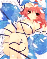 Rule 34 | 1girl, bad id, bad pixiv id, blue dress, breasts, censored, cleavage, convenient censoring, dress, entangled, hat, highres, large breasts, leg up, looking at viewer, lying, mimi (rasy5002), naked ribbon, on back, open clothes, open dress, petals, red eyes, red hair, ribbon, saigyouji yuyuko, solo, touhou, triangular headpiece