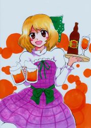 Rule 34 | 1girl, :d, alcohol, beer, beerko, blonde hair, blush stickers, brown eyes, cup, hair ornament, mug, open mouth, original, ribbon, short hair, skirt, smile, solo, traditional media