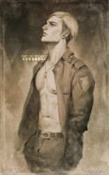 Rule 34 | 1boy, abs, art of neight, artist name, belt, brown theme, closed mouth, commentary, cowboy shot, emblem, english commentary, erwin smith, furrowed brow, highres, jacket, jewelry, lips, logo, long sleeves, looking away, looking up, male focus, monochrome, navel, necklace, nipples, open clothes, open jacket, pants, paradis military uniform, pendant, profile, shingeki no kyojin, short hair, sideburns, solo, survey corps (emblem), toned, toned male, twitter logo, undercut