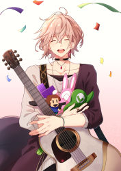 Rule 34 | 1boy, ^ ^, absurdres, acoustic guitar, ahoge, black choker, bracelet, brown hair, choker, closed eyes, collarbone, commentary request, confetti, earrings, guitar, hair between eyes, happy, hat, highres, holding, holding clothes, holding hat, holding instrument, holding stuffed toy, holostars, instrument, jewelry, luigi, male focus, mario (series), necklace, nintendo, nyokkiiiiin, open mouth, rikka (holostars), ring, round teeth, shirt, simple background, smile, solo, stuffed toy, super bunny man, sweater, teeth, tetris, upper body, virtual youtuber