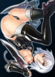 Rule 34 | 1girl, ass, bandaged arm, bandages, bare shoulders, black background, black gloves, black panties, black shirt, black thighhighs, blouse, boots, breasts, dagger, dual wielding, fate/apocrypha, fate (series), gloves, green eyes, hair between eyes, holding, jack the ripper (fate/apocrypha), knife, panties, shiba nanasei, shirt, short hair, silver hair, simple background, single glove, skindentation, sleeveless, sleeveless shirt, small breasts, solo, stitches, string panties, tattoo, thigh boots, thighhighs, underwear, upside-down, weapon