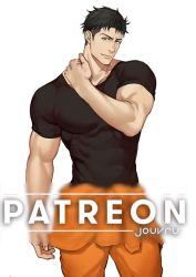 Rule 34 | 1boy, akitaru oubi, bara, black hair, black shirt, clothes around waist, commentary, covered abs, en&#039;en no shouboutai, english commentary, feet out of frame, hand on own neck, jacket, jacket around waist, jouvru, large pectorals, male focus, muscular, muscular male, paid reward available, pectorals, shirt, short hair, sideburns, solo, tight clothes, tight shirt, undercut