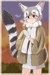 Rule 34 | alternate costume, animal ears, blush, bottle, bow, bowtie, breath, brown eyes, brown shirt, cowboy shot, extra ears, gloves, grey hair, highres, kemono friends, long sleeves, looking at viewer, milk bottle, multicolored hair, raccoon ears, raccoon girl, raccoon tail, ringtail (kemono friends), shirt, short hair, solo, tail, toriny, white bow, white bowtie, white gloves, white hair