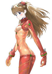 Rule 34 | 00s, 1girl, ammi, blue eyes, blush, bodysuit, breasts, brown hair, butt crack, cowboy shot, evangelion: 2.0 you can (not) advance, kawasemi, latex, long hair, multicolored clothes, neon genesis evangelion, plugsuit, rebuild of evangelion, red bodysuit, see-through, see-through bodysuit, shiny clothes, skin tight, small breasts, solo, souryuu asuka langley, test plugsuit, very long hair, white background, wide hips