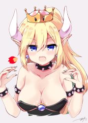 Rule 34 | 1girl, :o, armlet, bare shoulders, blonde hair, blue eyes, blush, bowsette, bracelet, breasts, cleavage, collar, collarbone, commentary request, cropped torso, crown, earrings, fingernails, fire, grey background, hair between eyes, hands up, himarisu (hida mari), jewelry, large breasts, long fingernails, long hair, looking at viewer, mario (series), nail polish, new super mario bros. u deluxe, nintendo, open mouth, pink nails, pointy ears, sidelocks, signature, simple background, solo, spiked armlet, spiked bracelet, spiked collar, spikes, strapless, super crown, v-shaped eyebrows