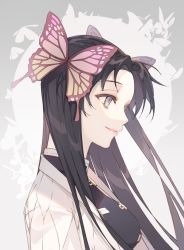 Rule 34 | 1girl, bad id, bad pixiv id, black hair, black jacket, breasts, butterfly hair ornament, closed mouth, commentary request, from side, grey background, grey eyes, hair ornament, jacket, kimetsu no yaiba, kochou kanae, long hair, looking away, medium breasts, open clothes, parted bangs, pig ggul, smile, solo, two-tone background, upper body, white background