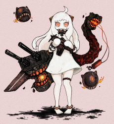 Rule 34 | 10s, 1girl, abyssal ship, ahoge, bad id, bad pixiv id, bare legs, barefoot, colored skin, covered mouth, dress, highres, horns, kaeru otoko, kantai collection, long hair, looking at viewer, machinery, mittens, northern ocean princess, red eyes, standing, white dress, white hair, white skin