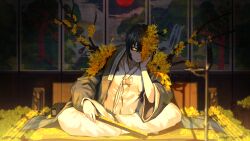 Rule 34 | 1boy, bags under eyes, black hair, closed mouth, coat, e.g.o (project moon), flower, folding fan, game cg, grey coat, hand fan, highres, holding, holding fan, indoors, limbus company, long sleeves, looking at viewer, male focus, nai ga, official art, pants, project moon, short hair, sitting, solo, white hanbok, white pants, wide sleeves, yellow eyes, yellow flower, yi sang (project moon)