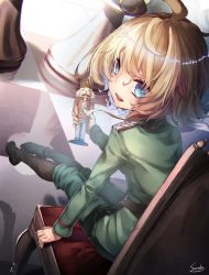Rule 34 | 10s, 1girl, ahoge, artist name, blonde hair, blue eyes, boots, chair, chess piece, dutch angle, from behind, highres, holding, knee boots, legs together, long sleeves, looking at viewer, looking back, military, military uniform, nutcracker, open mouth, pawn (chess), reflection, saraki, signature, sitting, smile, solo, tanya degurechaff, teeth, uniform, youjo senki