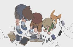 Rule 34 | 3boys, absurdres, brown hair, cable, child, computer, digimon, digimon adventure, digivice, gloves, highres, izumi koshiro, laptop, multiple boys, notebook, patamon, red hair, simple background, takaishi takeru, tantanmen, white background, white gloves, yagami taichi