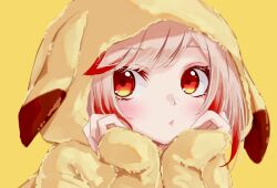 Rule 34 | 1girl, alternate costume, blonde hair, blush, chukachuka, closed mouth, commentary request, expressionless, hands on own cheeks, hands on own face, highres, hood, hood up, long sleeves, looking at viewer, medium bangs, multicolored hair, nanashi inc., orange eyes, pikachu costume, red hair, seshima rui, short hair, simple background, solo, two-tone hair, upper body, virtual youtuber, yellow background