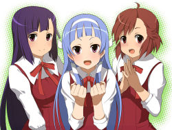 Rule 34 | 00s, 3girls, :d, aoba tsugumi, blue hair, blush, bow, bowtie, brown eyes, brown hair, clenched hands, hair tubes, kannagi, kyoku tou, long sleeves, looking at viewer, multiple girls, nagi, open mouth, red bow, red bowtie, school uniform, siblings, sisters, smile, upper body, zange