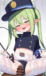 Rule 34 | 1boy, 1girl, absurdres, bar censor, black hat, black shirt, black tail, blue archive, blush, censored, demon tail, earrings, fang, green hair, green halo, halo, hat, hetero, highlander twintails conductor (blue archive), highres, jewelry, long hair, long sleeves, looking at viewer, navel, open mouth, pantyhose, peaked cap, penis, pointy ears, sex, shirt, simple background, single earring, skin fang, smile, tail, torn clothes, torn pantyhose, vaginal, waon (43ctw), white background, white pantyhose, yellow eyes