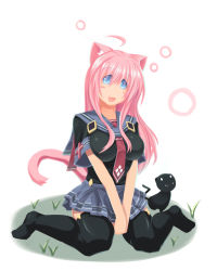 Rule 34 | 1girl, :3, ahoge, animal ears, bad id, bad pixiv id, blue eyes, blush stickers, breasts, cat, cat ears, cat tail, large breasts, long hair, open mouth, pink hair, skirt, solo, tail, thighhighs, yace