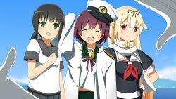 Rule 34 | 3girls, :d, ^ ^, admiral (kancolle), admiral (kancolle) (cosplay), bad id, bad pixiv id, black hair, black serafuku, black skirt, blonde hair, blue background, blue sky, borrowed clothes, brown hair, closed eyes, cosplay, day, finger frame, fubuki (kancolle), fubuki kai ni (kancolle), gloves, green eyes, green skirt, group picture, hair flaps, hair ornament, hair ribbon, hairclip, hat, highres, kantai collection, long hair, looking at viewer, military, military hat, military uniform, multiple girls, mutsu (kancolle), mutsuki (kancolle), naval uniform, neckerchief, open mouth, peaked cap, pleated skirt, ponytail, pov, puffy short sleeves, puffy sleeves, red eyes, red neckerchief, ribbon, sailor collar, salute, scarf, school uniform, serafuku, short hair, short ponytail, short sleeves, skirt, sky, sleeves past wrists, smile, split mouth, uniform, white gloves, white scarf, yakitori (oni), yuudachi (kancolle), yuudachi kai ni (kancolle)