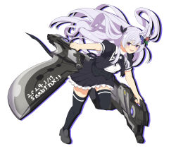 Rule 34 | 1girl, absurdres, assault lily, black footwear, black ribbon, black skirt, black thighhighs, blush, breasts, butterfly hair ornament, buttons, commentary request, commission, cropped jacket, dated, drop shadow, dual wielding, floating hair, frilled skirt, frills, full body, grey hair, hair ornament, hair ribbon, hand up, highres, holding, holding sword, holding weapon, imagawa homare, leaning to the side, leg up, loafers, long hair, looking at viewer, medium breasts, miniskirt, neck ribbon, open mouth, outstretched arms, pleated skirt, puffy short sleeves, puffy sleeves, purple eyes, ribbon, school uniform, senri (senri03151221), shirt, shoes, short sleeves, simple background, skeb commission, skirt, smile, solo, standing, standing on one leg, sword, teeth, thank you, thighhighs, two side up, underbust, upper teeth only, v-shaped eyebrows, very long hair, weapon, white background, white shirt, yurigaoka girls academy school uniform, zettai ryouiki