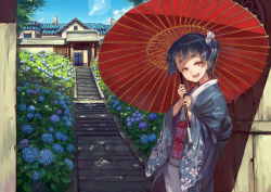 Rule 34 | 1girl, :d, black hair, day, floral print, flower, hair ribbon, holding, holding umbrella, house, hydrangea, japanese clothes, kimono, lens flare, looking at viewer, mole, mole under mouth, obi, oil-paper umbrella, open mouth, original, outdoors, plant, red eyes, ribbon, sash, short hair, side ponytail, sky, smile, solo, stairs, standing, stone stairs, suzuno (bookshelf), tile roof, umbrella