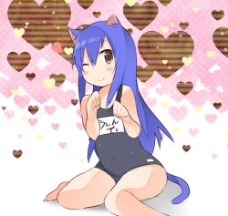 Rule 34 | 1girl, animal ears, bad id, blue hair, blush, brown eyes, cat ears, cat girl, child, fairy tail, female focus, long hair, mikagelove, solo, swimsuit, tail, wendy marvell, wink
