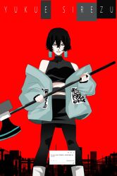 Rule 34 | 1girl, ado (utaite), axe, black hair, black pants, black shirt, black skirt, blue hair, crop top, earrings, highres, holding, holding axe, hoshi san 3, jewelry, looking at viewer, lower teeth only, midriff, open mouth, pants, red background, request inset, shirt, short hair, skirt, sleeveless, sleeveless shirt, solo, teeth, yukue shirezu (ado)