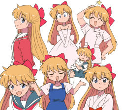 Rule 34 | 1girl, ^ ^, aino minako, alternate costume, arm up, bishoujo senshi sailor moon, bishoujo senshi sailor moon r, blonde hair, blue eyes, blue overalls, blue sailor collar, bow, bowtie, cat, closed eyes, dress, hair bow, hand on own hip, jacket, japanese clothes, kimono, long hair, long sleeves, looking at viewer, multiple views, nurse, open mouth, overalls, own hands clasped, own hands together, red bow, red bowtie, sailor collar, school uniform, serafuku, shiba koen middle school uniform, shirt, skirt, smile, sparkle, tsubobot, very long hair, wedding dress, white cat, white dress, white shirt
