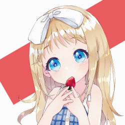 Rule 34 | 1girl, ana coppola, bare shoulders, blue dress, blue eyes, blush, bow, commentary request, dress, food, fruit, grey background, hair bow, hands up, head tilt, holding, holding food, ichigo mashimaro, light brown hair, long hair, parted lips, pikomarie, red background, sleeveless, sleeveless dress, solo, strawberry, two-tone background, upper body, white bow