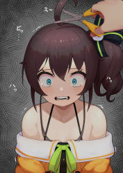 Rule 34 | 1girl, absurdres, ahoge, bare shoulders, blue eyes, brown hair, collarbone, commentary request, crying, crying with eyes open, cutting hair, green ribbon, grey background, halterneck, highres, hololive, lunch boxer, motion lines, natsuiro matsuri, natsuiro matsuri (1st costume), off shoulder, open mouth, ribbon, scissors, short hair, side ponytail, solo focus, tears, teeth, trembling, upper body, virtual youtuber, wide-eyed