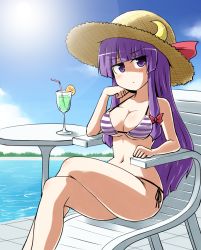 Rule 34 | 1girl, bikini, blue sky, breasts, chair, cleavage, cloud, collarbone, crossed legs, day, drink, drinking straw, female focus, hair ribbon, halterneck, hat, hime cut, kousei (public planet), lake, large breasts, long hair, looking at viewer, navel, patchouli knowledge, purple bikini, purple eyes, purple hair, ribbon, side-tie bikini bottom, sitting, sky, solo, straw hat, string bikini, striped bikini, striped clothes, swimsuit, table, touhou, tress ribbon, underboob, very long hair
