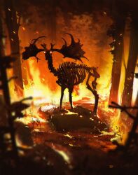 Rule 34 | animal skeleton, antlers, artist name, blurry, blurry foreground, commentary, depth of field, embers, english commentary, fire, forest, glowing, glowing eyes, grass, highres, horns, jocelin carmes, looking at viewer, nature, no humans, original, outdoors, plant, rock, signature, skeleton, standing, tree, wildfire